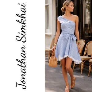 NWOT JONATHAN SIMKHAI Silk Blend Scalloped Mini Wrap Dress Blue Stripe, Size 0